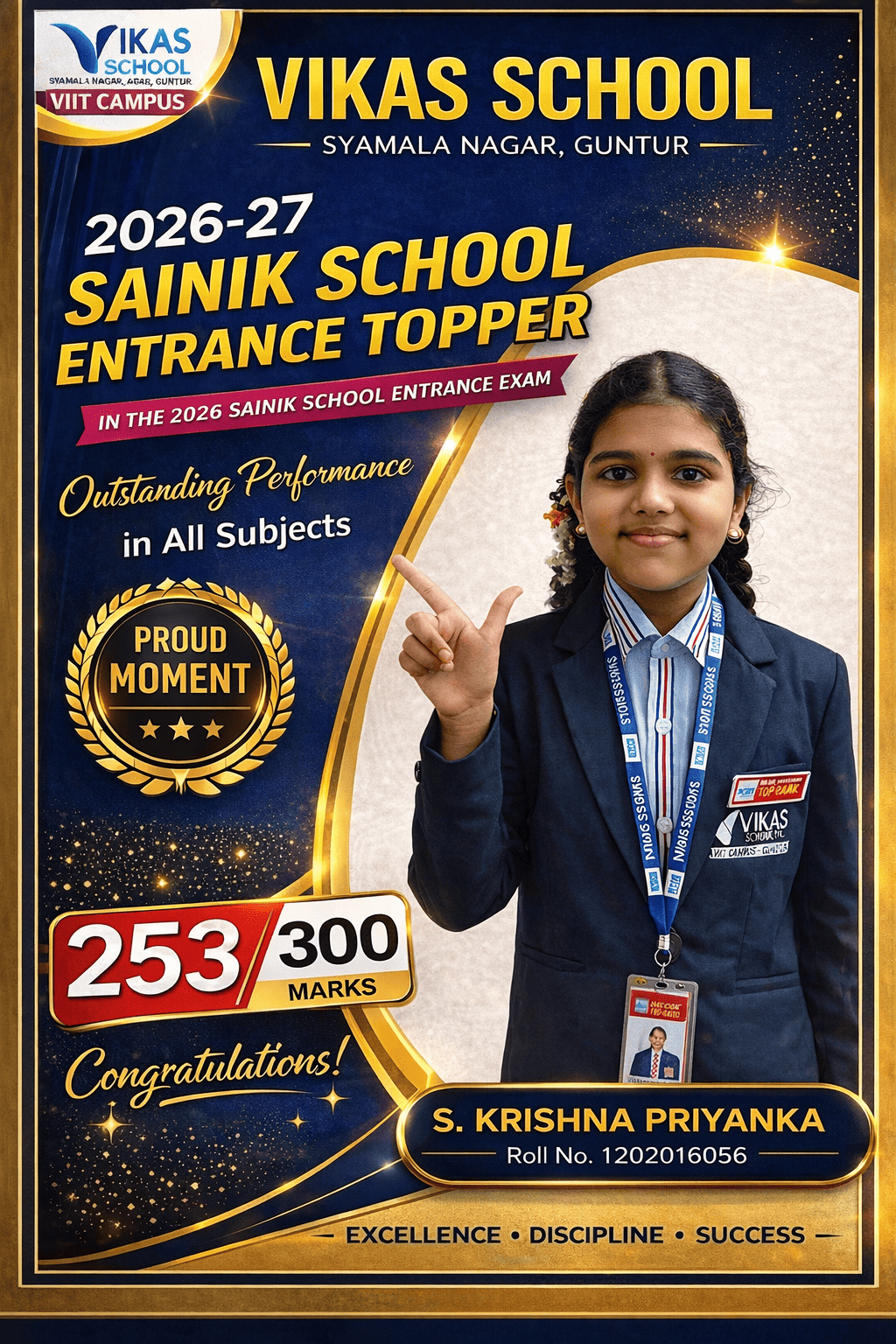 S. Krishna Priyanka — 253 out of 300 in Sainik School Entrance 2026–27